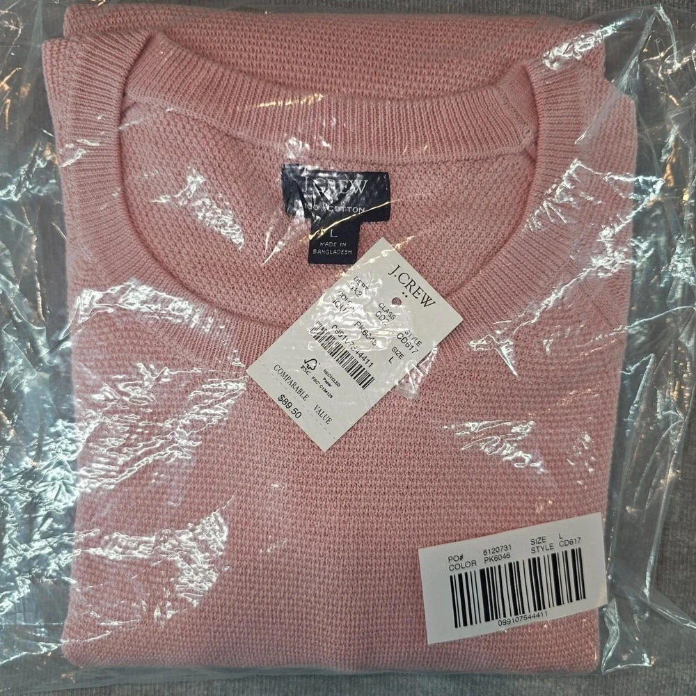 J.Crew Crewneck Sweater Men's Large Pink 100% Cotton Textured Raglan L CD617